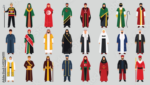 Diverse collection of people from various Arab and Middle Eastern countries wearing a wide range of traditional ethnic clothing.