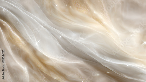 Flowing ethereal textile creating a soft wavy abstract background, showcasing delicate textures with sparkling glitter and shimmering light, providing a luxurious backdrop