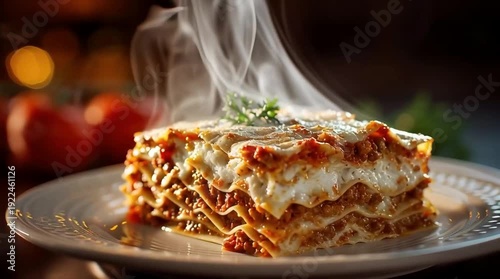 A steaming, delicious slice of homemade lasagna with rich meat sauce and creamy cheese layers, garnished with fresh herbs on a white plate.