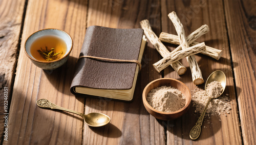 Ayurvedic herb ritual flatlay on warm wood with ashwagandha root, ground powder, brass spoon, herbal tea cup and journal in soft natural light