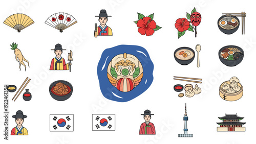 Set of various Korean cultural icons and symbols including food, landmarks, and traditional figures, partially obscured by a blue element.