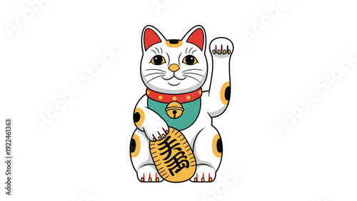 Classic Japanese Maneki-neko or beckoning cat, a symbol of good luck and fortune, with a raised paw and holding a coin.