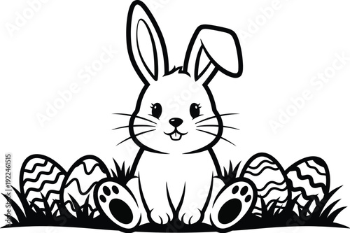 Adorable cartoon bunny surrounded by easter eggs in a grassy setting happily