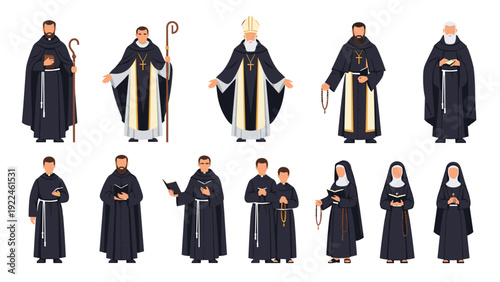Collection of Christian religious figures including monks, nuns, a priest, and a bishop in traditional Catholic vestments and habits.