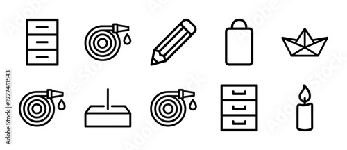 Household utility and office organization monoline icons featuring storage drawers fire hose pencil and candle. Professional thick line pictograms for maintenance and logistics branding.