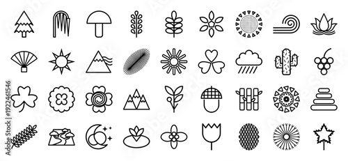 Nature and botanical minimalist line art elements for organic branding and wellness graphics. Professional monoline pictograms featuring flora, weather, and landscape symbols.