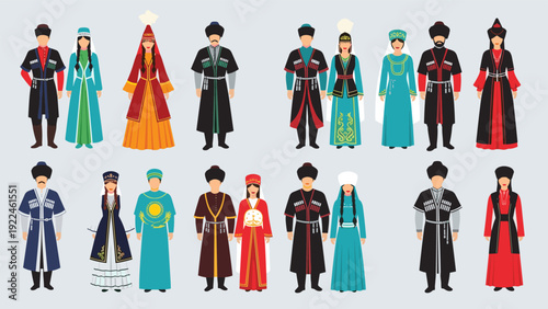 Large set of couples representing various Turkic and Caucasian ethnic groups in diverse and colorful traditional national costumes.