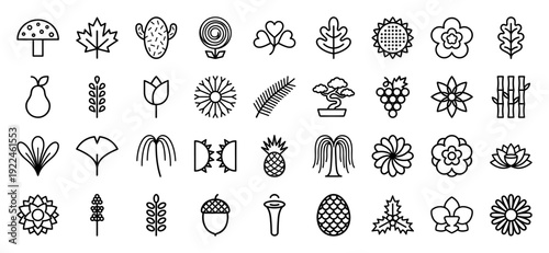Botanical line icons for nature-inspired branding and sustainable packaging design. Professional monoline pictograms featuring diverse flora, leaves, and organic garden elements.