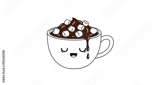 Cute kawaii-style mug of hot chocolate with marshmallows, featuring a happy face, presented as a black and white coloring page.