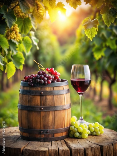 Rustic old wooden barrel filled with a glass of red wine surrounded by lush green grapes and vines