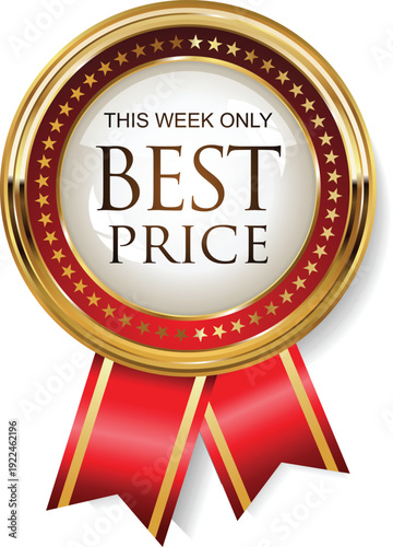A vibrant red and gold ribbon badge proclaiming best price this week only