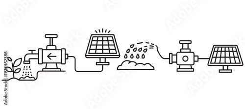 Smart solar powered pump for irrigation and modern farming line art and eps 10