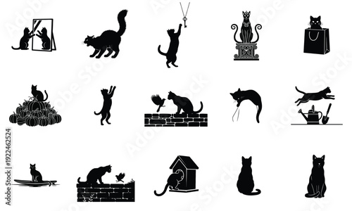 Collection of black cat silhouettes depicting various activities and moods, perfect for pet related designs and animal themes.