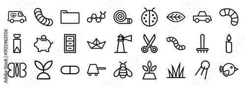 Ecological and nature conservation monoline icons for environmental education. Minimalist black line pictograms featuring insects, growth, and sustainable living concepts.