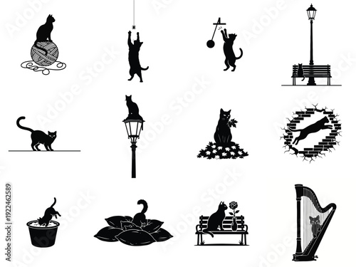 Black cat silhouette vector illustrations depicting various playful and charming feline activities and scenes.