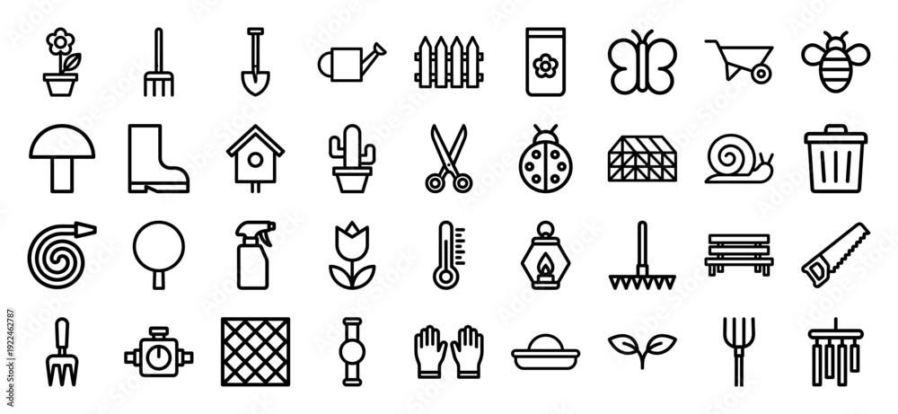 Naklejka premium Sustainable gardening and horticulture monoline icons featuring professional cultivation tools, organic planting equipment, and backyard landscaping elements.