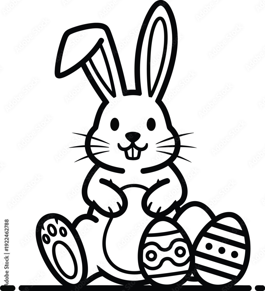 Obraz premium Happy cartoon bunny with easter eggs in a simple black and white design