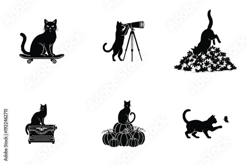 Playful black cat silhouettes engaged in various activities like skateboarding, stargazing, jumping in autumn leaves, typing, sitting on pumpkins, and chasing a butterfly.