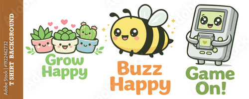 Cute and cheerful cartoon illustration featuring happy cactus plants a smiling bee and a retro game console character isolated design