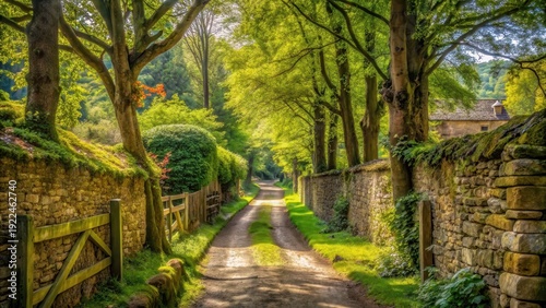 A quaint rural alley with overgrown vegetation and old stone walls