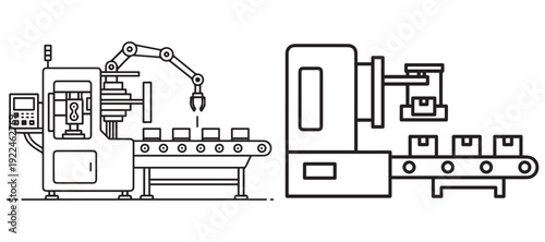 Automated robotic arm and packaging machinery on assembly line art and illustrator eps 10