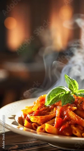 Steaming hot penne pasta with rich tomato sauce and fresh basil leaves served on a white plate in a warm restaurant setting.