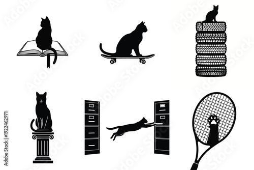 Black cat silhouettes depicting various hobbies and activities: reading, skateboarding, sports, and agility on a white background.