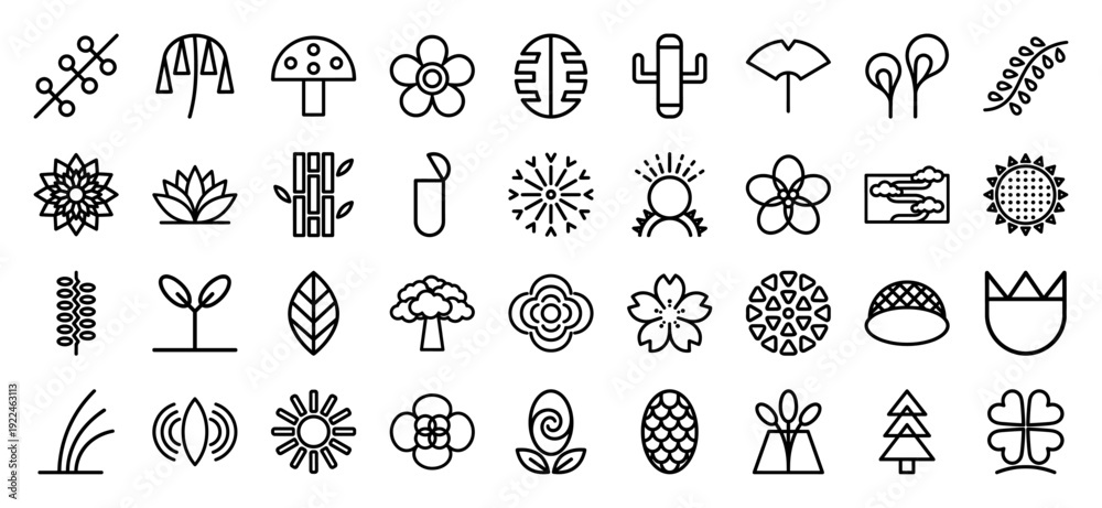Fototapeta premium Japanese botanical monoline motifs and floral symbols for cultural branding. Minimalist line art featuring cherry blossoms, bamboo, and zen nature elements.