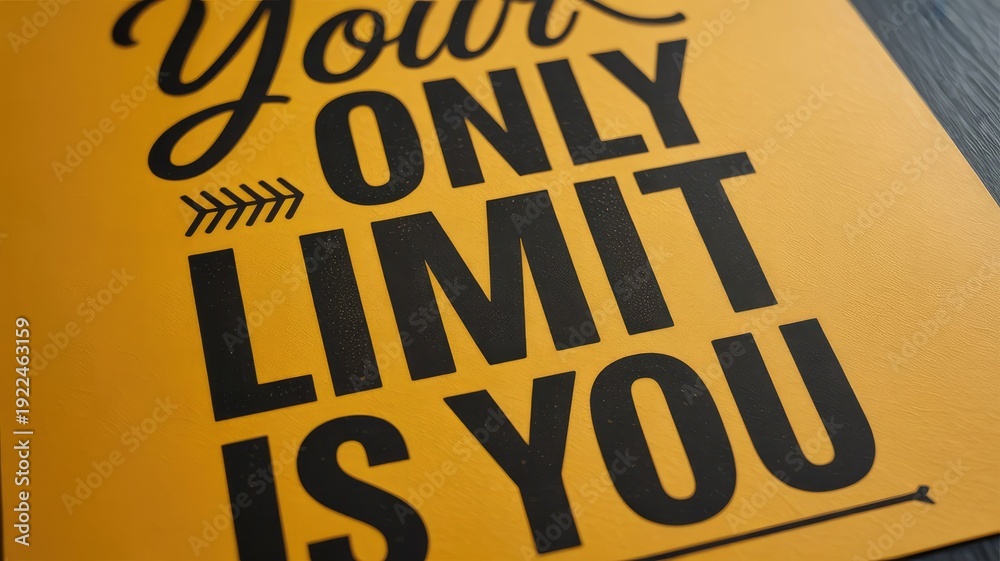Obraz premium Close-up of a vibrant yellow poster featuring the powerful motivational quote 'Your only limit is you' in bold black letters, inspiring self-belief and personal growth to overcome challenges.
