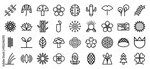 Japanese botanical monoline motifs and floral symbols for cultural branding. Minimalist line art featuring cherry blossoms, bamboo, and zen nature elements.