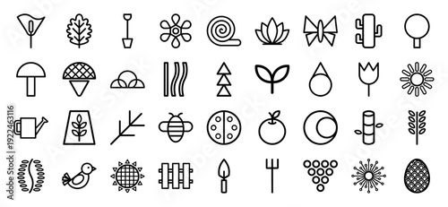 Sustainable organic farming and gardening monoline pictograms. Minimalist nature icons featuring horticulture, agriculture, and eco-friendly botany elements.