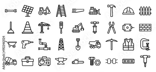 Construction and industrial engineering monoline icons featuring heavy machinery, masonry tools, and architectural development equipment for professional blueprints.