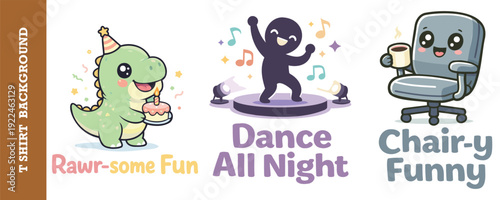 Cute and colorful cartoon illustrations featuring a party dinosaur chair and dancing figure for fun t shirt designs
