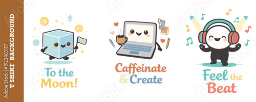 Cute and colorful cartoon illustrations featuring cryptocurrency moon theme caffeine creativity and music beat isolated on transparent background