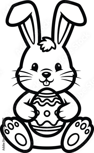 Adorable easter bunny cartoon character holding a decorated egg in its hands happily