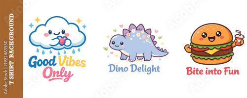Cute and colorful cartoon tshirt design collection featuring happy cloud raining with good vibes text cute dinosaur and cheerful burger character isolated