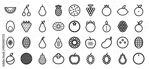 Organic fruit and healthy nutrition monoline icons for grocery branding and food packaging. Minimalist linear pictograms featuring diverse tropical and garden produce.