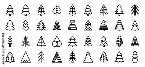 Minimalist geometric pine tree icons for winter holiday branding and environmental infographics. Professional monoline forest symbols in a modern technical aesthetic.