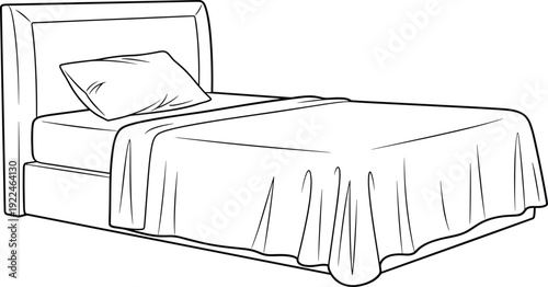 Black and white bed vector illustration with headboard, pillow, mattress, and blanket, symbolizing bedroom furniture, home interior design, sleep comfort, and organized living space concepts