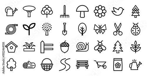 Garden and landscaping maintenance symbols featuring botanical elements and outdoor tools. Technical monoline pictograms for horticulture and backyard cultivation branding.