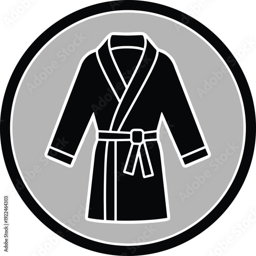 Black bathrobe silhouette vector illustration with white outlines, tied belt, shawl collar, and circular background design symbolizing spa, hotel, relaxation, comfort, and leisure concepts