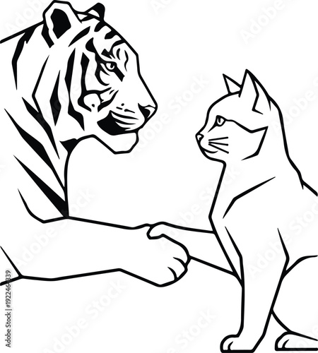 Line art drawing of a tiger and a cat shaking hands, symbolizing friendship, agreement, or partnership between big and small cats