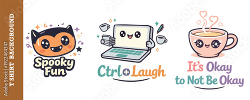 Cute and playful cartoon illustrations featuring spooky fun cat laptop and coffee cup designs for casual t shirts and apparel