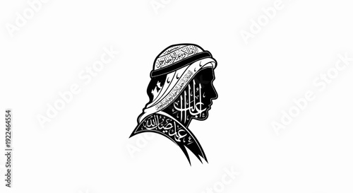 Silhouette of a profile head wearing a headdress, filled with Arabic calligraphy