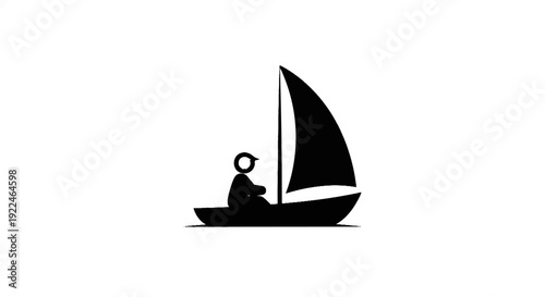 Simple black silhouette of a person sailing a small boat on white