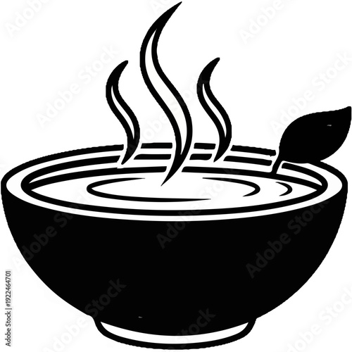 Simple graphic of a steaming bowl of food with a leaf garnish