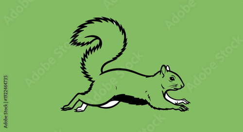 Simple green cartoon squirrel running with bushy tail on green background