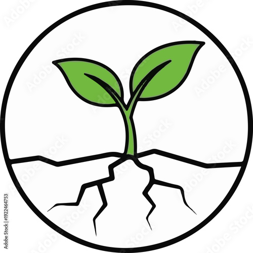 Simple illustration of a green seedling with roots in soil, within a circle
