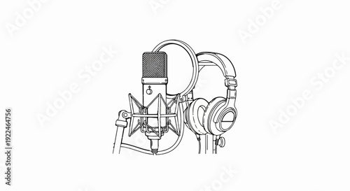 Sketch of recording microphone and headphones on white background