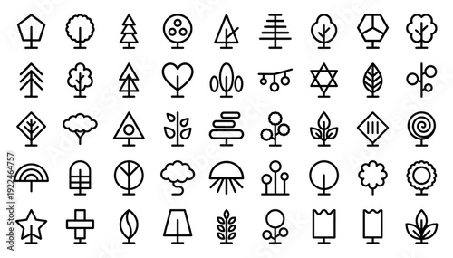 Abstract minimalist tree icons and nature symbols for sustainable landscape architecture and eco-friendly branding. Technical monoline geometric foliage pictograms for environmental design.